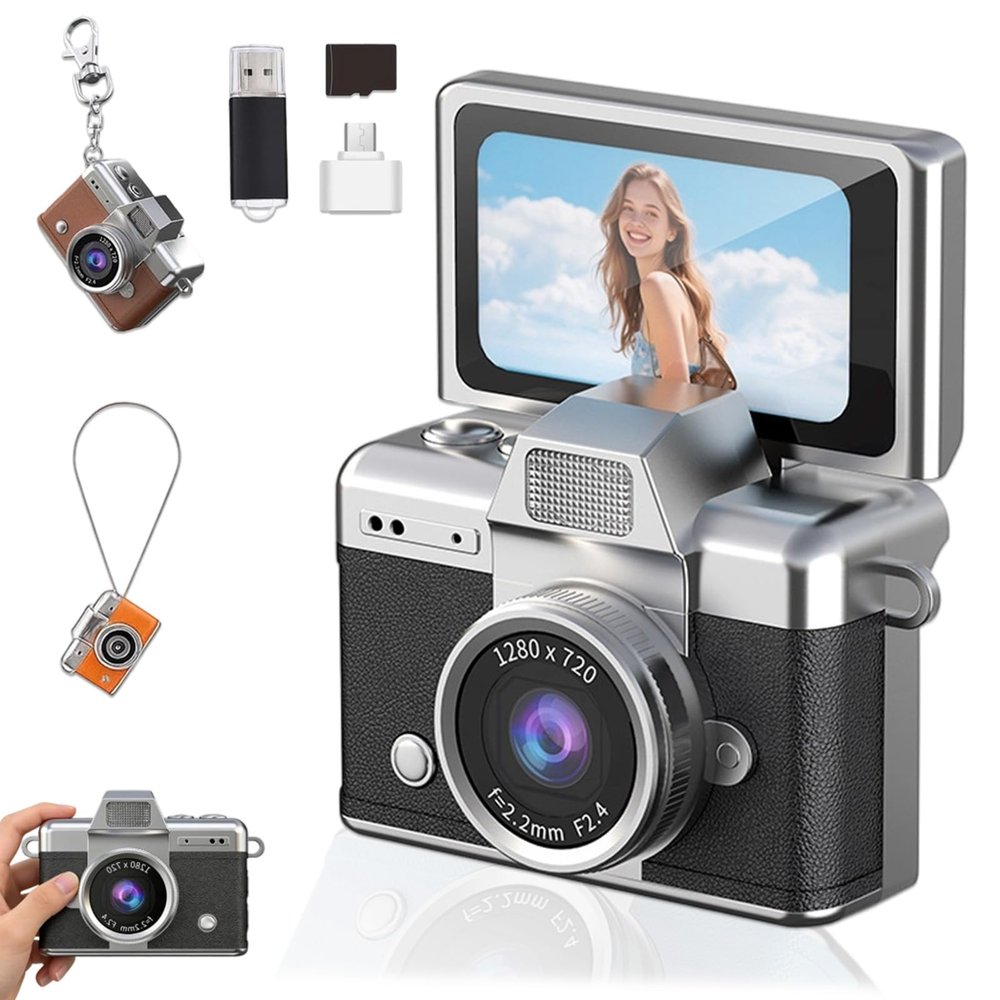 2026 New Mini Digital Camera with 1.47 in LCD Screen, Mini Retro Keychain Camera with 1080P HD Flip Screen, Built-in Flash, 32 or 64GB Card, Strap and Keychain for Travel & Daily Use (Black,32G)