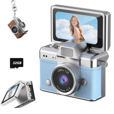 2026 New Mini Digital Camera with 1.47 in LCD Screen 1080P, Mini Keychain Retro Camera with 32GB Card, Keychain Camera with flip Screen, Ideal for Travel, Study, Concerts (Blue,with Memory Card)