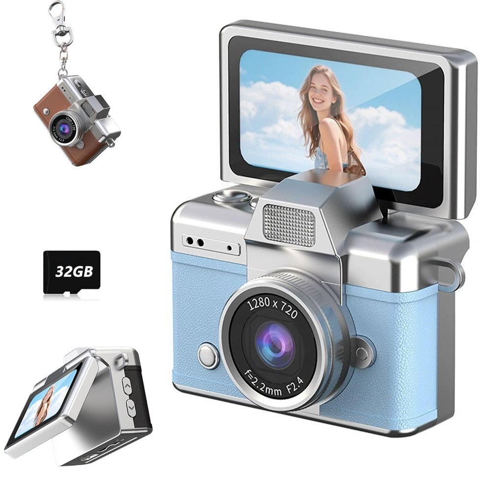 2026 New Mini Digital Camera with 1.47 in LCD Screen 1080P, Mini Keychain Retro Camera with 32GB Card, Keychain Camera with flip Screen, Ideal for Travel, Study, Concerts (Blue,with Memory Card)