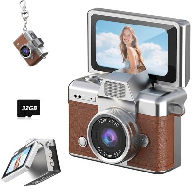 2026 New Mini Digital Camera with 1.47 in LCD Screen 1080P, Mini Keychain Retro Camera with 32GB Card, Keychain Camera with flip Screen, Ideal for Travel, Study, Concerts (Brown,with Memory Card)
