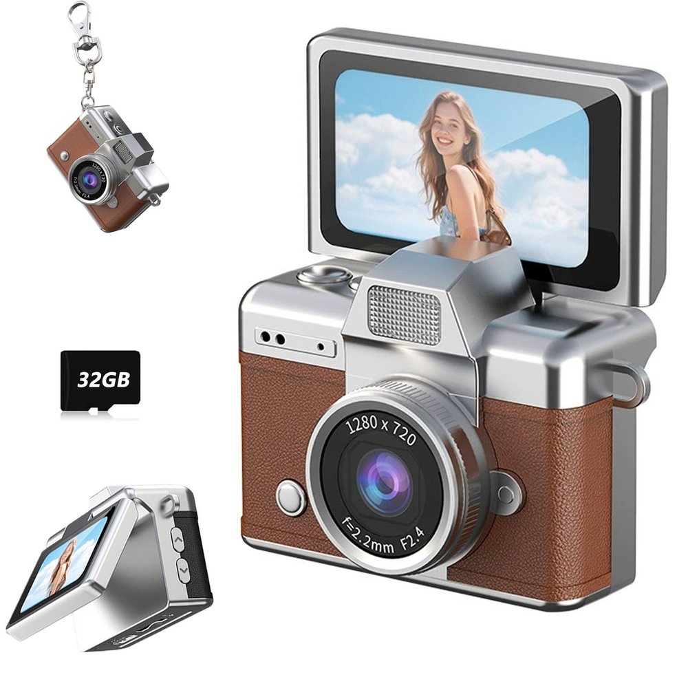 2026 New Mini Digital Camera with 1.47 in LCD Screen 1080P, Mini Keychain Retro Camera with 32GB Card, Keychain Camera with flip Screen, Ideal for Travel, Study, Concerts (Brown,with Memory Card)