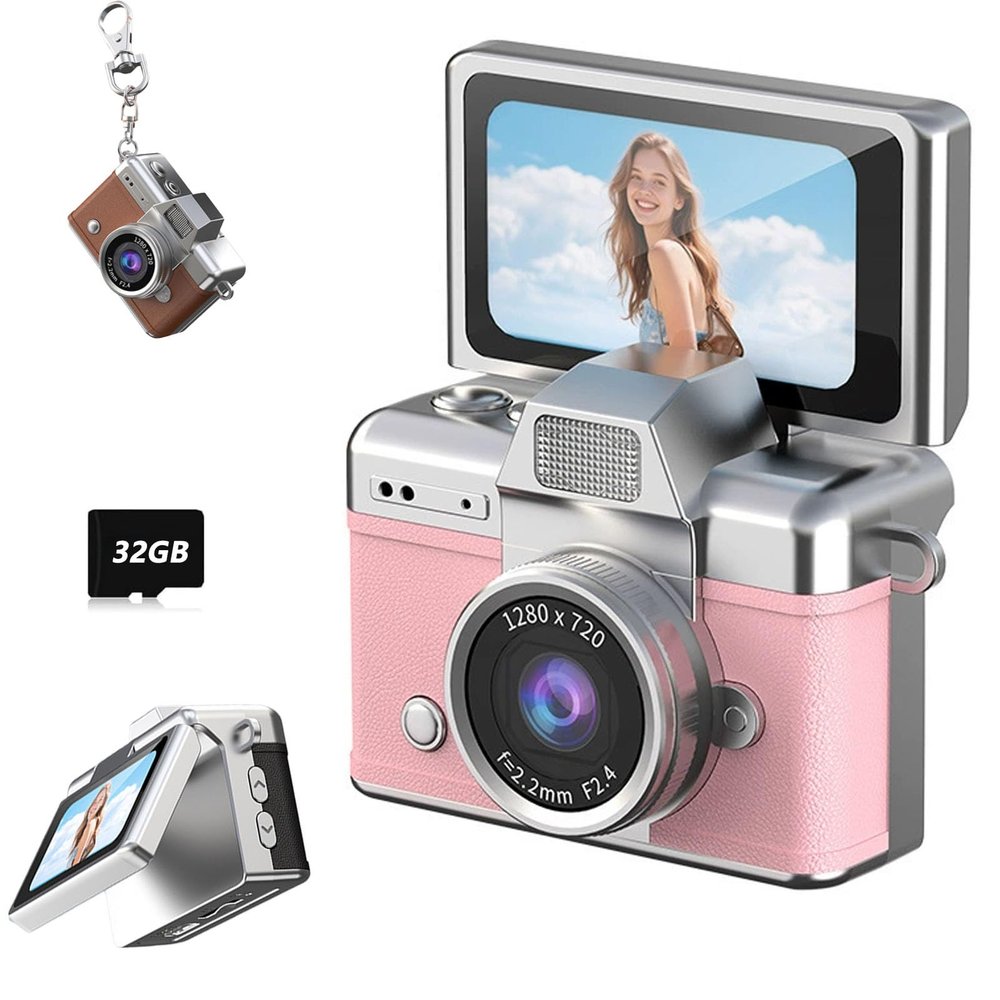 2026 New Mini Digital Camera with 1.47 in LCD Screen 1080P, Mini Keychain Retro Camera with 32GB Card, Keychain Camera with flip Screen, Ideal for Travel, Study, Concerts (Pink,with Memory Card)