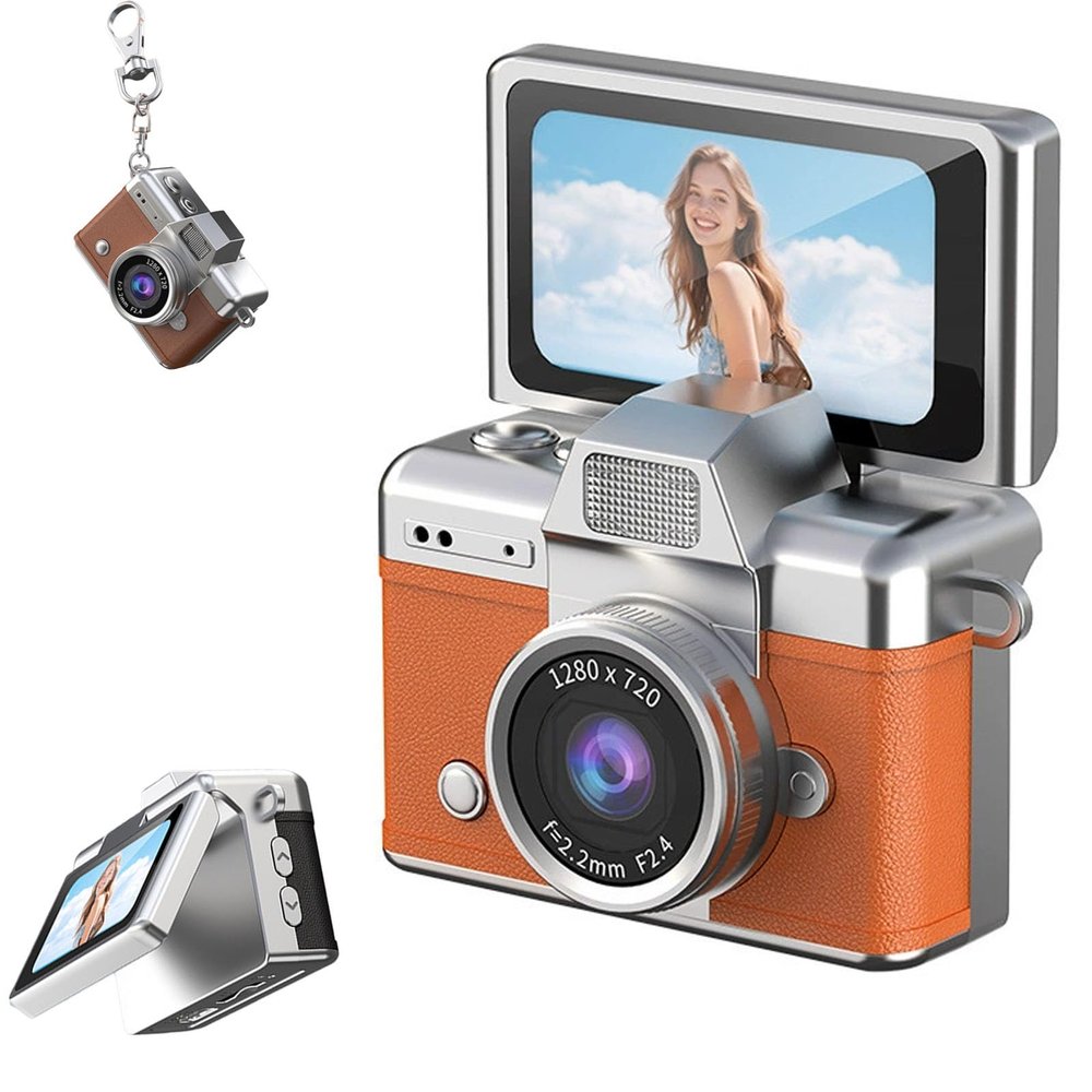 2026 New Mini Digital Camera with 1.47 in LCD Screen 1080P, Mini Keychain Retro Camera with 32GB Card, Keychain Camera with flip Screen, Ideal for Travel, Study, Concerts (Orange,No Memory Card)