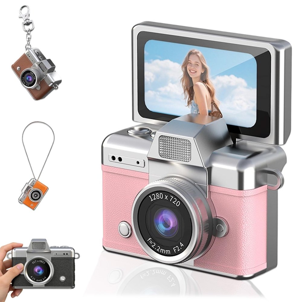2026 New Mini Digital Camera with 1.47 in LCD Screen, Mini Retro Keychain Camera with 1080P HD Flip Screen, Built-in Flash, 32 or 64GB Card, Strap and Keychain for Travel & Daily Use (Pink,Cardless)