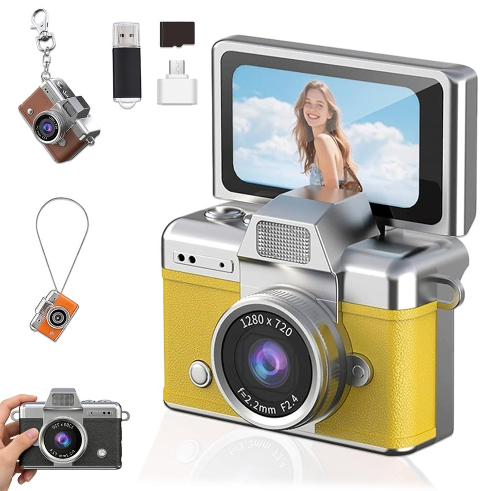 2026 New Mini Digital Camera with 1.47 in LCD Screen, Mini Retro Keychain Camera with 1080P HD Flip Screen, Built-in Flash, 32 or 64GB Card, Strap and Keychain for Travel & Daily Use (Yellow,32G)