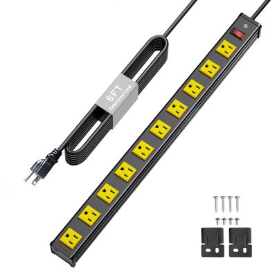 FENJIKRONIX 10 Outlet Long Power Strip Wall Mount, Metal Heavy Duty Power Strip with Switch, 14AWG Multi Outlet Extension Cord 6 ft, for Workbench, Workshop, Garage, Industrial, ETL Listed