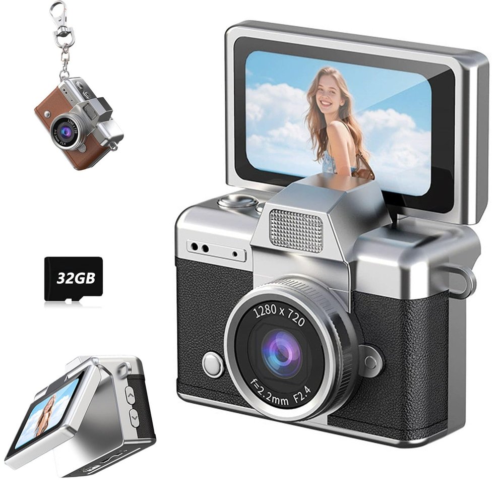 2026 New Mini Digital Camera with 1.47 in LCD Screen 1080P, Mini Keychain Retro Camera with 32GB Card, Keychain Camera with flip Screen, Ideal for Travel, Study, Concerts (Black,with Memory Card)