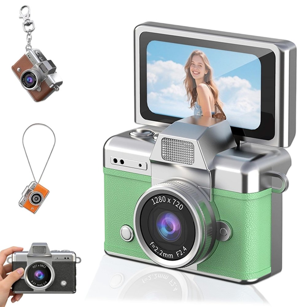 2026 New Mini Digital Camera with 1.47 in LCD Screen, Mini Retro Keychain Camera with 1080P HD Flip Screen, Built-in Flash, 32 or 64GB Card, Strap and Keychain for Travel & Daily Use (Green,Cardless)