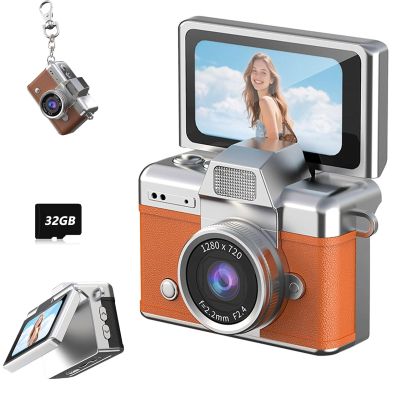2026 New Mini Digital Camera with 1.47 in LCD Screen 1080P, Mini Keychain Retro Camera with 32GB Card, Keychain Camera with flip Screen, Ideal for Travel, Study, Concerts (Orange,with Memory Card)
