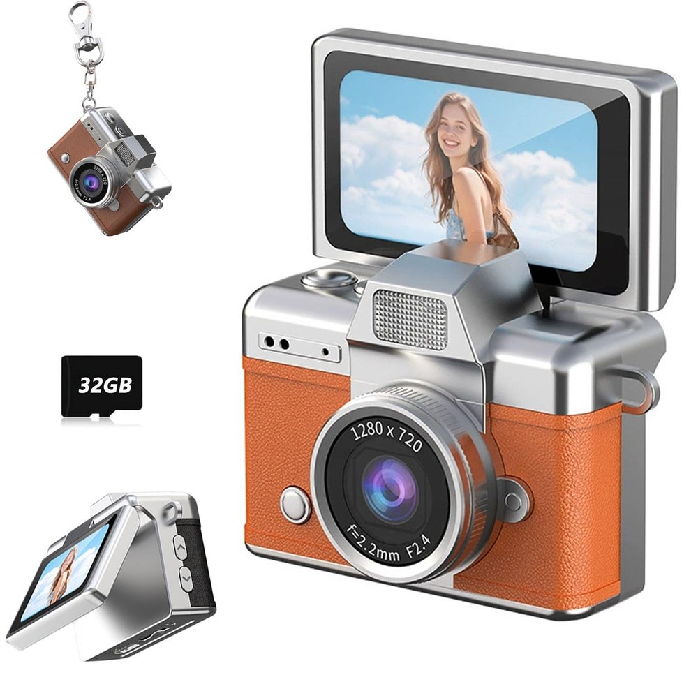 2026 New Mini Digital Camera with 1.47 in LCD Screen 1080P, Mini Keychain Retro Camera with 32GB Card, Keychain Camera with flip Screen, Ideal for Travel, Study, Concerts (Orange,with Memory Card)
