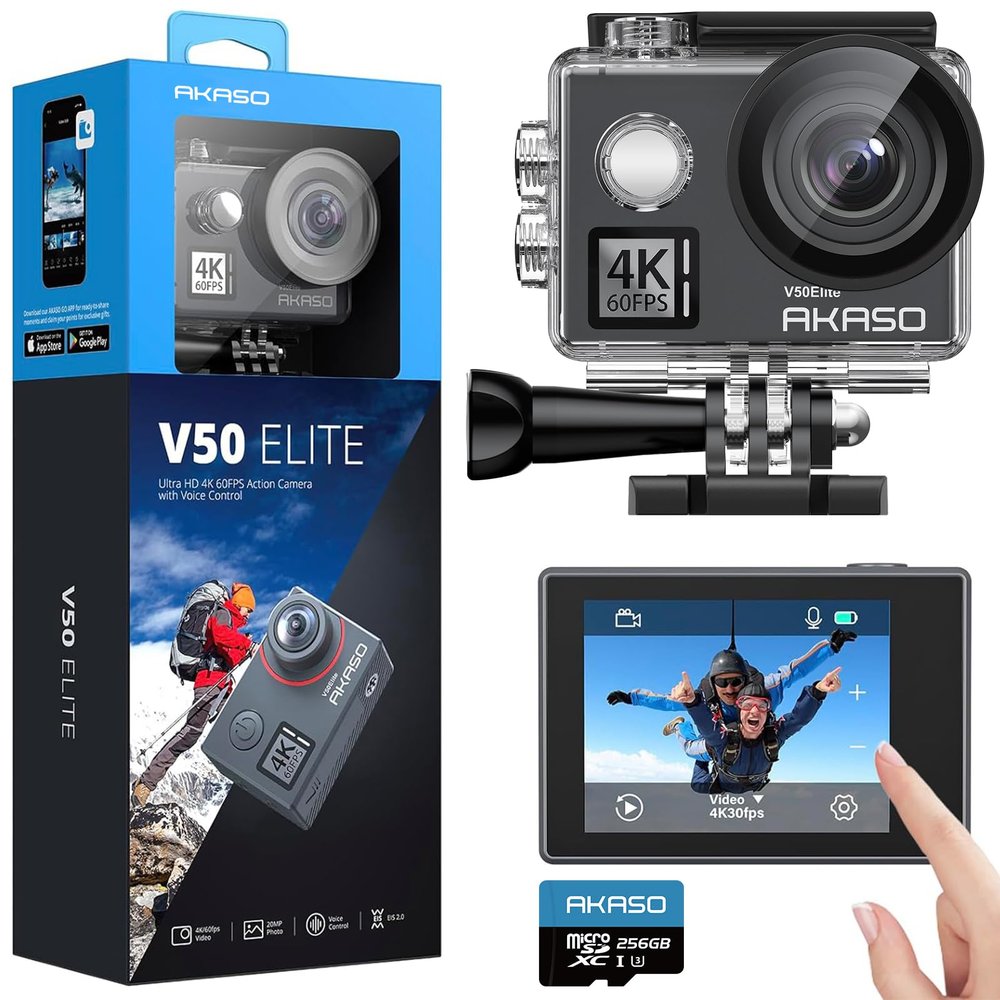 AKASO V50 Elite 4K60fps Action Camera with 256GB MicroSD Memory Card Bundle