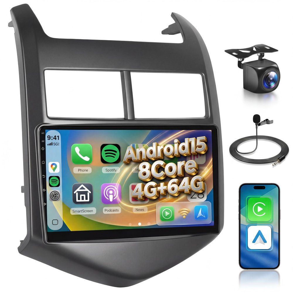 8Core 4G+64G DSP 46EQ Radio for Chevy Sonic 2011-2015 Car Stereo with Wireless Carplay Android Auto,9'' 1280X720P IPS Touch Screen,WiFi,5.0Bluetooth,Android Auto,FM/RDS,Camera