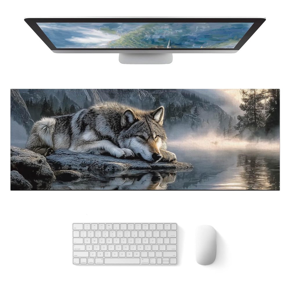 HOMETITUTE XL Mouse Pad Wolf Lake Nature Art Gaming Mousepad 31.5x11.8 Inch Non-Slip Keyboard Desktop Protector Mat Diatomite Large Mouse Pad for Home and Office Desk Accessories