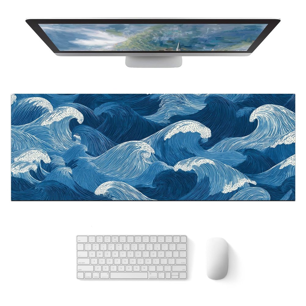 HOMETITUTE Ocean Wave Line Art XL Mouse Pad Gaming Mousepad 31.5x11.8 Inch Non-Slip Keyboard Desktop Protector Mat Diatomite Large Mouse Pad for Home and Office Desk Accessories