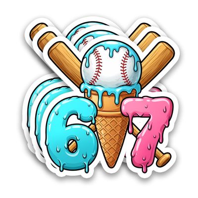 (3Pcs) Funny Baseball 67 Ice Cream Drip Stickers Baseball Drip Number 67 Player Six Seven Meme Sports Humor Vinyl Decal Waterproof Sticker for Water Bottle, Tumbler, Laptop, Phone Case, 3" x 2.9"