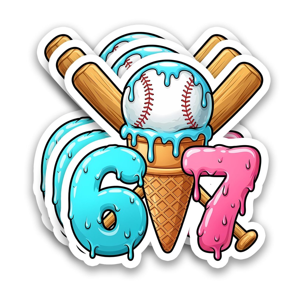 (3Pcs) Funny Baseball 67 Ice Cream Drip Stickers Baseball Drip Number 67 Player Six Seven Meme Sports Humor Vinyl Decal Waterproof Sticker for Water Bottle, Tumbler, Laptop, Phone Case, 3" x 2.9"