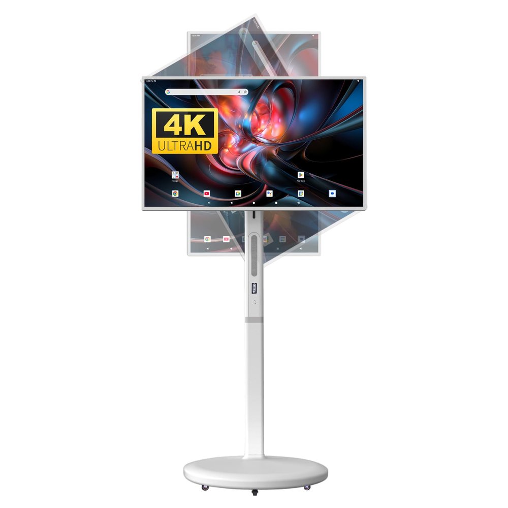 KVKID 32 Inch UHD 4K Portable Smart TV on Wheels, 8GB + 128GB Storage, Android 15 OS, Rolling TV with Rotatable Touch Screen, Camera and Stand, Full Swivel Rotation, Voice Remote for Home, Outdoors