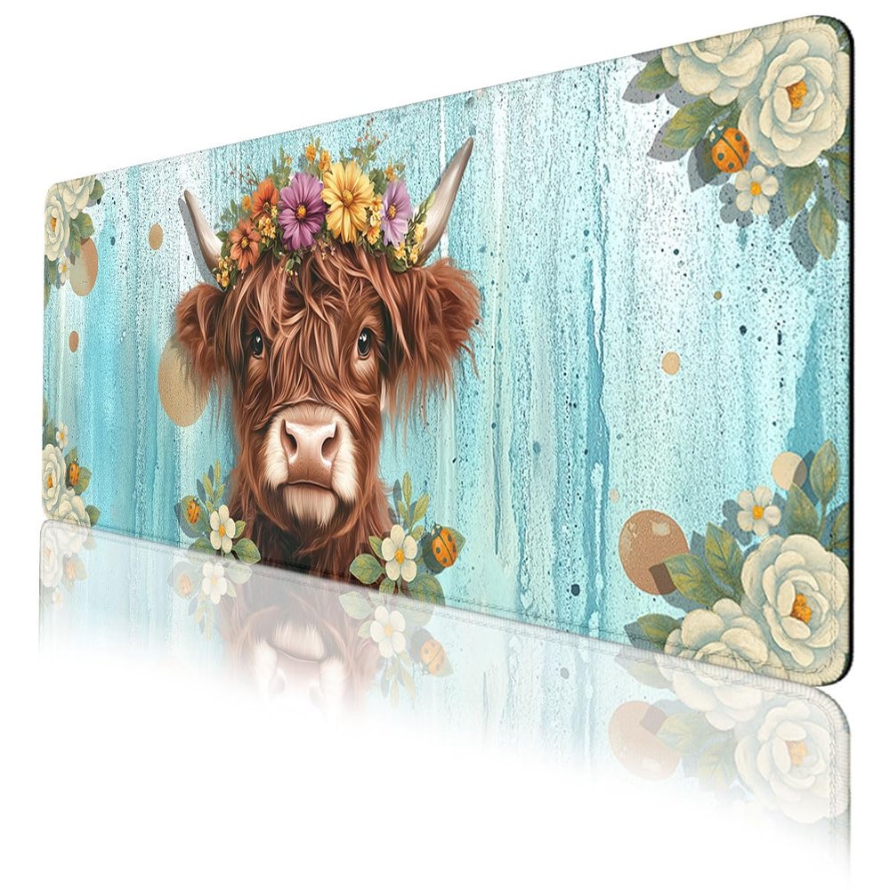 Highland Cow Desk Pad Mouse Pad Floral Farmhouse Flower Crown Mousepad XL Large Gaming Mouse Pad Laptop Keyboard Mat Desk Pad 31.5"x11.8"