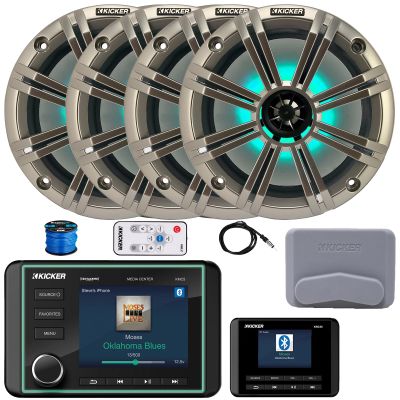 Kicker KMC5 3.5" LCD Display Marine Bluetooth USB/AUX WB AM/FM Gauge Style Receiver W/Digital Controller, 4X 8 300W Max Power RGB LED Boat Speakers W/Silver Grilles + LED Controller, Antenna, Wire