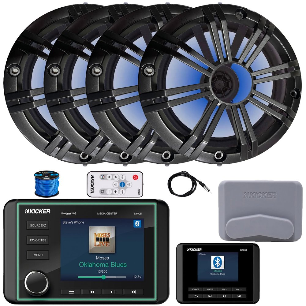 Kicker KMC5 3.5" LCD Display Marine Bluetooth USB/AUX WB AM/FM Gauge Style Receiver W/Digital Controller, 4X 6.5 195W Max Power RGB LED Speakers W/Charcoal Grille + LED Controller, Antenna, Wire