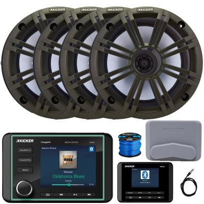 Kicker KMC5 3.5" LCD Display Marine Bluetooth USB/AUX WB AM/FM Weather-Resistant Gauge Style Receiver W/Digital Controller, 4X 6.5 195W Max 4 Ohm Coaxial Speakers W/Charcoal Grilles, Antenna, Wire