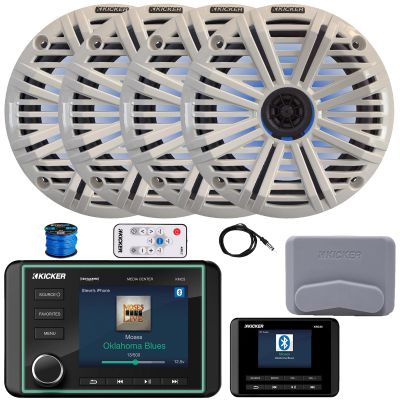 Kicker KMC5 3.5" LCD Display Marine Bluetooth USB/AUX WB AM/FM Gauge Style Receiver W/Digital Controller, 4X 6.5 195 Watt Max Power RGB LED Speakers W/White Grille + LED Controller, Antenna, Wire