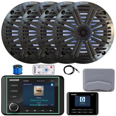 Kicker KMC5 3.5" LCD Display Marine Bluetooth USB/AUX WB AM/FM Gauge Style Receiver W/Digital Controller, 4X 6.5 195 Watt Max Power RGB LED Speakers W/Charcoal Grille + LED Controller, Antenna, Wire