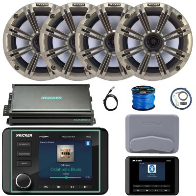 Kicker KMC5 3.5" LCD Display Marine Bluetooth USB/AUX WB AM/FM Gauge Style Receiver W/Digital Controller, 4X 6.5 195W Max Coaxial Speakers W/Silver Grilles, 4-Channel Amplifier W/Kit, Antenna, Wire