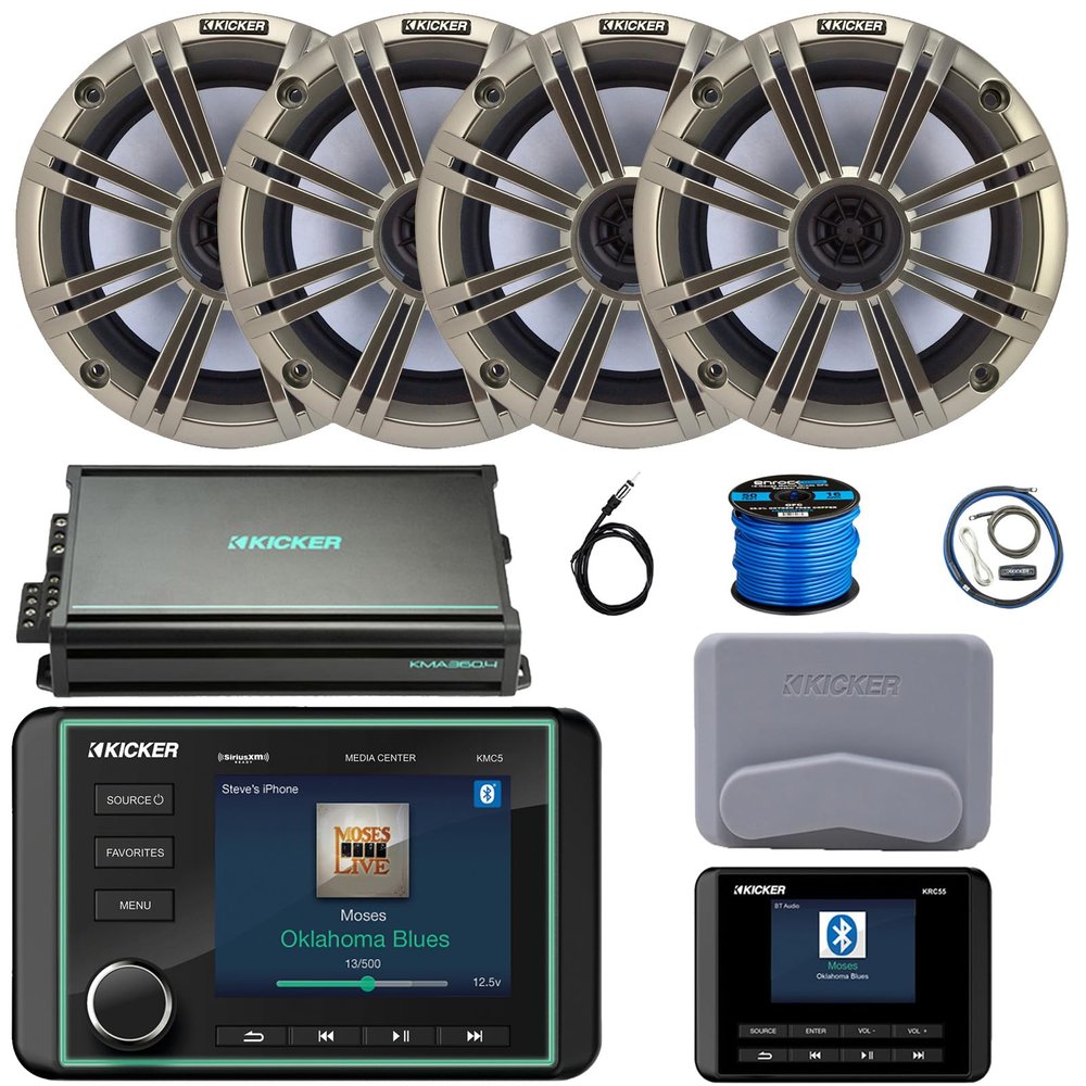 Kicker KMC5 3.5" LCD Display Marine Bluetooth USB/AUX WB AM/FM Gauge Style Receiver W/Digital Controller, 4X 6.5 195W Max Coaxial Speakers W/Silver Grilles, 4-Channel Amplifier W/Kit, Antenna, Wire