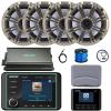 Kicker KMC5 3.5" LCD Display Marine Bluetooth USB/AUX WB AM/FM Gauge Style Receiver W/Digital Controller, 4X 6.5 195W Max Coaxial Speakers W/Silver Grilles, 4-Channel Amplifier W/Kit, Antenna, Wire view 1