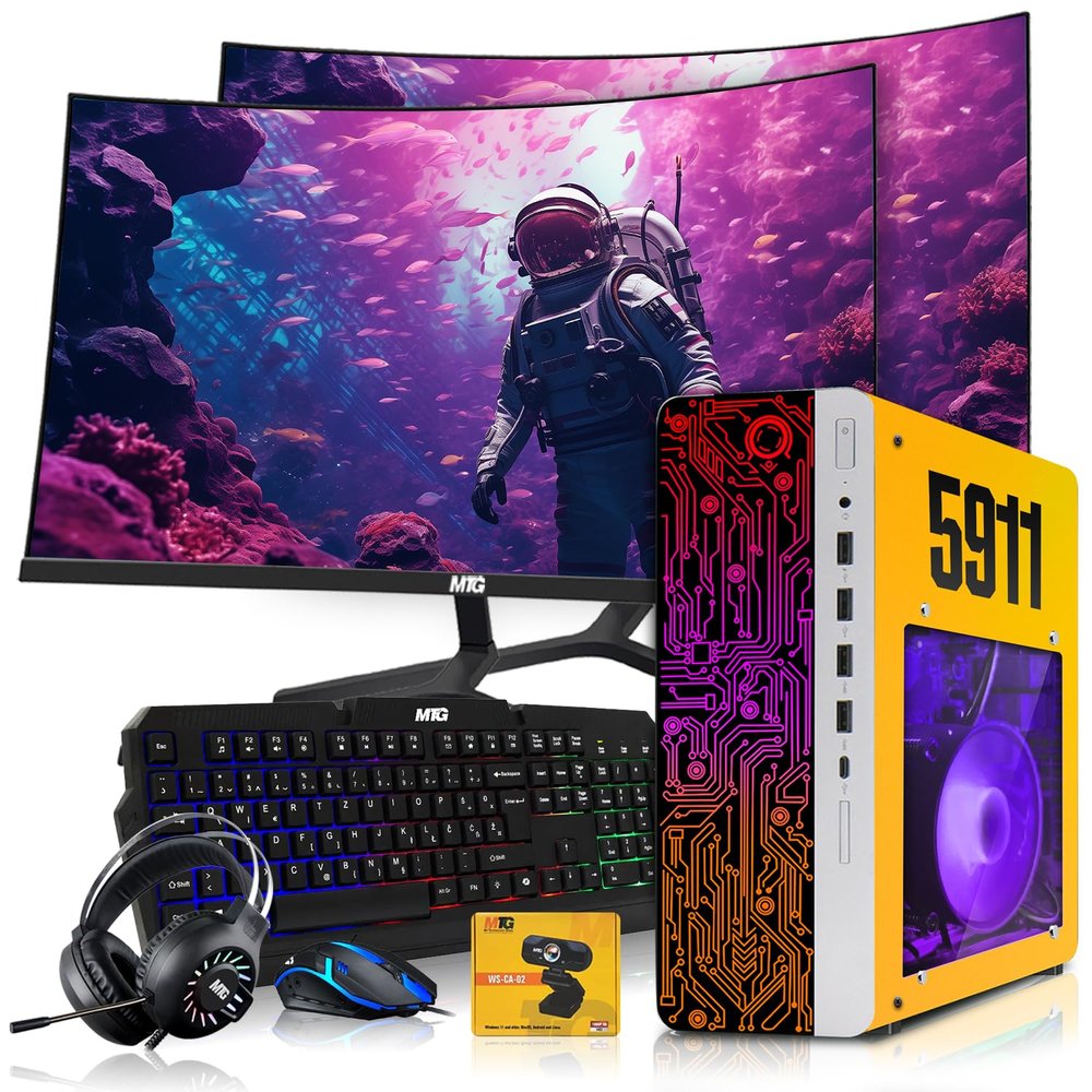 HP Gaming PC Desktop Computer 5911 AMD A10-9700, GT 1030, 16GB RAM, 512GB SSD, Dual 32 Inch Curved Monitor, RGB KBM with AI Copilot, WiFi, RGB Headphone, Webcam, Windows 11 (Renewed)