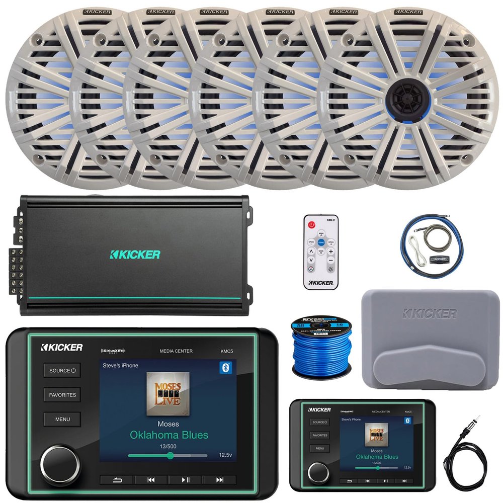 Kicker KMC5 3.5" Marine Bluetooth USB/AUX AM/FM Gauge Style Receiver W/Controller, 6X 6.5 195 Watt Peak RGB LED Speakers W/White Grilles + LED Controller, 6-Channel Amplifier W/Kit, Antenna, Wire