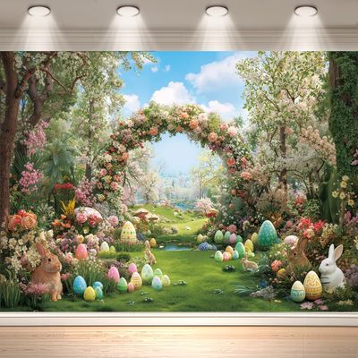 10x7 FT Easter Backdrop Decoration Banner Floral Arch Bunny Colorful Eggs Spring Garden Easter Photo Backdrop for Kids' Parties Newborn Photography & Studio Portraits