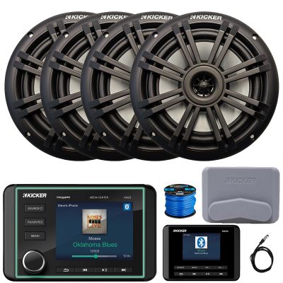 Kicker KMC5 3.5" LCD Display Marine Bluetooth USB/AUX WB AM/FM Radio Weather-Resistant Gauge Style Receiver W/Digital Controller, 4X 6.5 150 Watt Max 2-Way Black Boat Audio Speakers, Antenna, Wire
