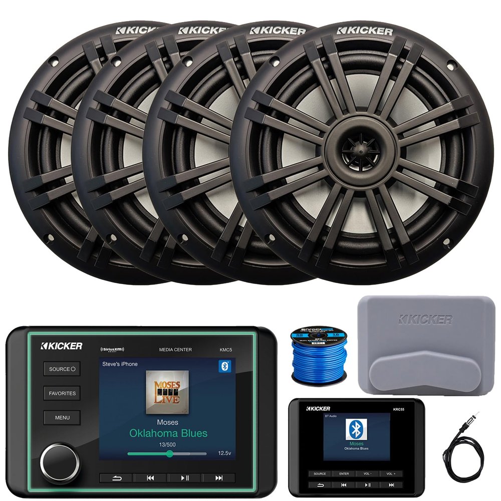 Kicker KMC5 3.5" LCD Display Marine Bluetooth USB/AUX WB AM/FM Radio Weather-Resistant Gauge Style Receiver W/Digital Controller, 4X 6.5 150 Watt Max 2-Way Black Boat Audio Speakers, Antenna, Wire