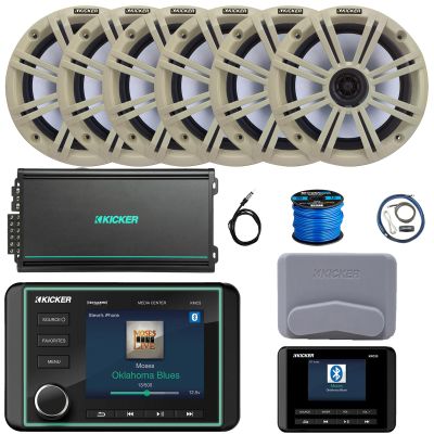 Kicker KMC5 3.5" LCD Display Marine Bluetooth USB/AUX WB AM/FM Gauge Style Receiver W/Digital Controller, 6X 6.5 195W Max 4 Ohm Speakers W/White Grilles, 6-Channel Amplifier W/Kit, Antenna, Wire