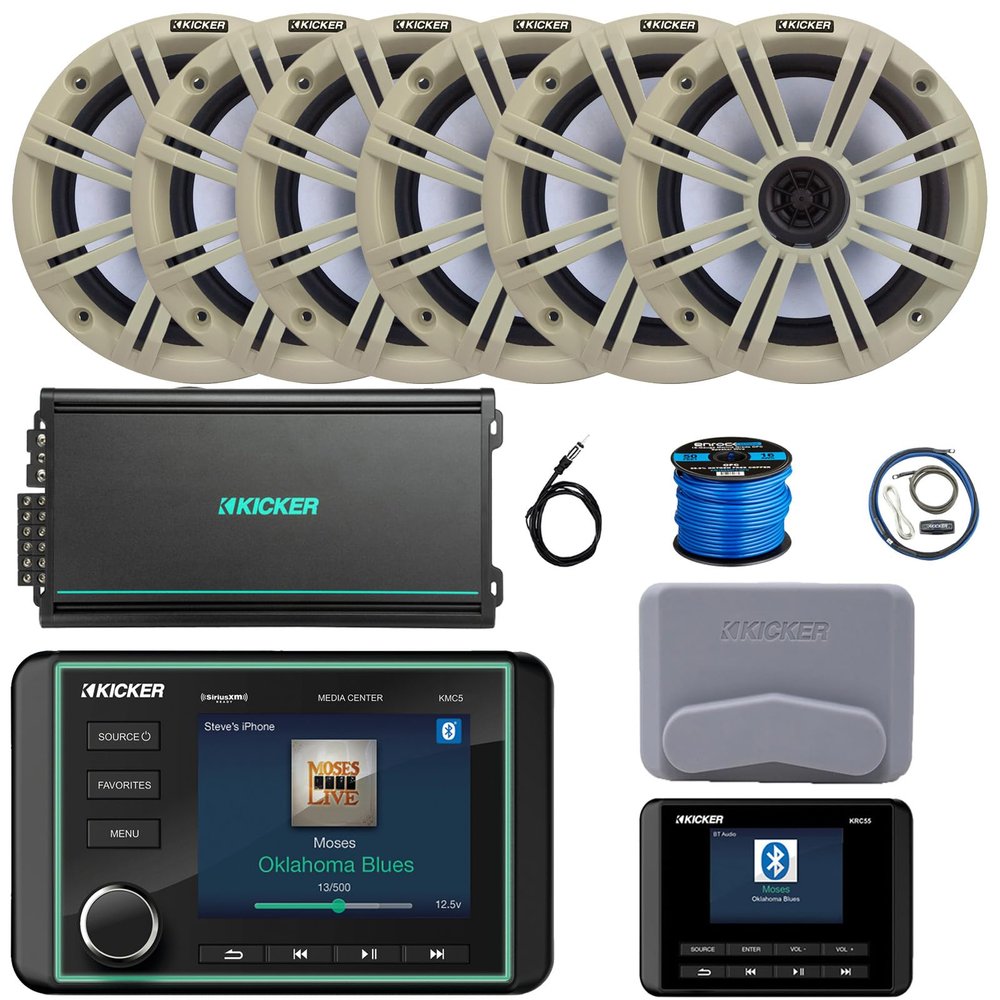 Kicker KMC5 3.5" LCD Display Marine Bluetooth USB/AUX WB AM/FM Gauge Style Receiver W/Digital Controller, 6X 6.5 195W Max 4 Ohm Speakers W/White Grilles, 6-Channel Amplifier W/Kit, Antenna, Wire