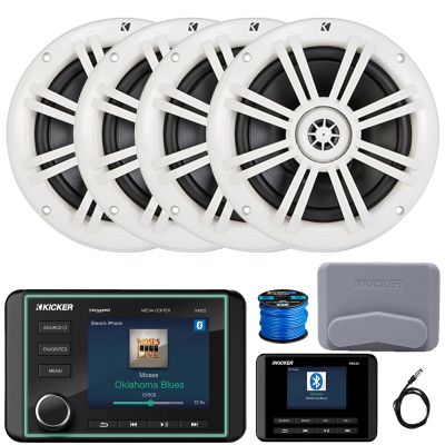 Kicker KMC5 3.5" LCD Display Marine Bluetooth USB/AUX WB AM/FM Radio Weather-Resistant Gauge Style Receiver W/Digital Controller, 4X 6.5 150 Watt Max 2-Way White Boat Coaxial Speakers, Antenna, Wire