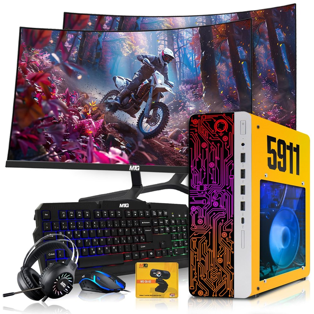 HP Gaming PC Desktop Computer 5911 AMD A10-9700, RX 550, 16GB RAM, 512GB SSD, Dual 27 Inch Curved Monitor, RGB KBM with AI Copilot, WiFi, RGB Headphone, Webcam, Windows 11 (Renewed)