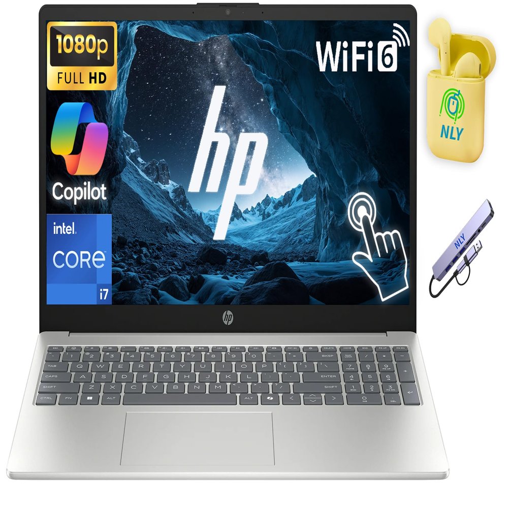 HP 15.6" FHD Touchscreen Business Laptop Computer, 10-Core Intel i7 Processor, 32GB RAM 1.5TB Storage (1TB SSD+512GB Docking Station Set), Windows 11 Laptop with AI Ready, NLY Earphones, Silver
