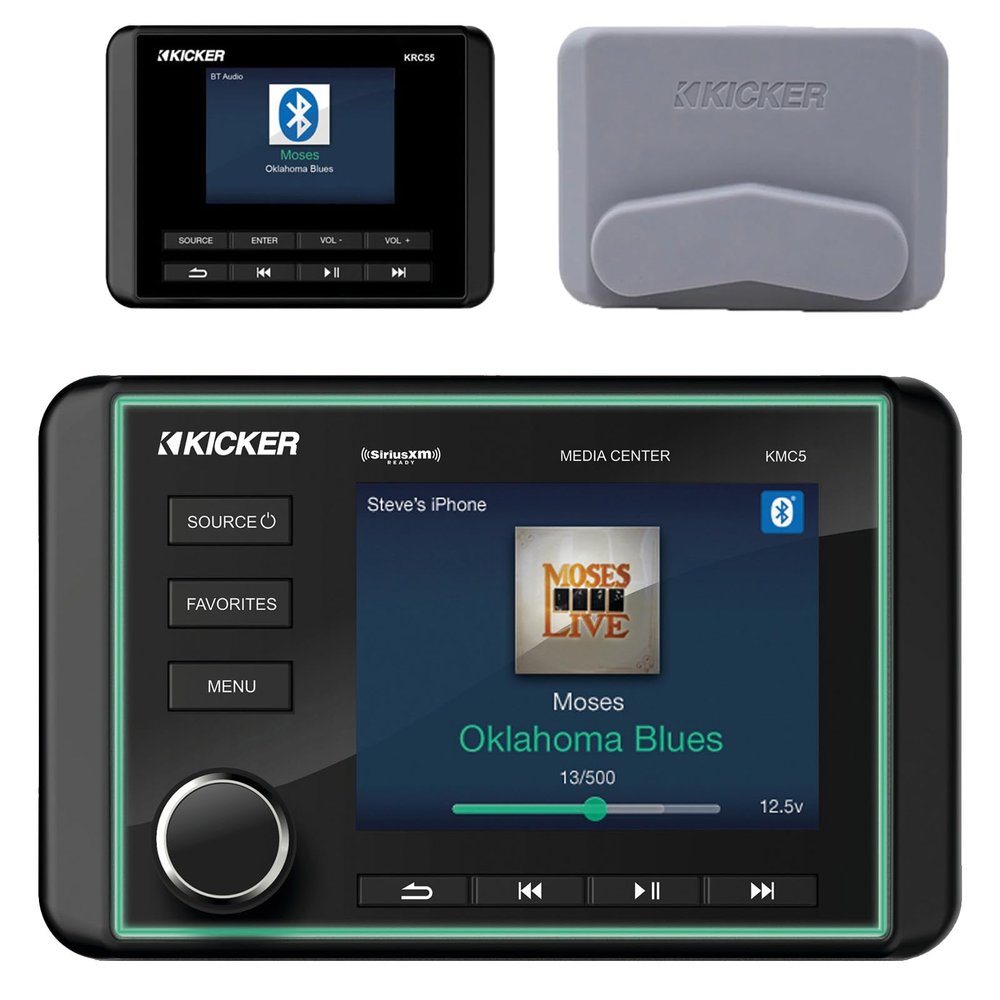 Kicker KMC5 3.5" LCD Display Marine Bluetooth USB/AUX WB AM/FM Radio Weather-Resistant Gauge Style Receiver Bundle Combo with Digital Remote Control Accessory Commander Remote