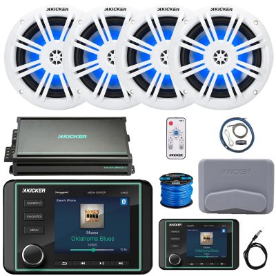 Kicker KMC5 3.5" LCD Display Marine Bluetooth USB/AUX WB AM/FM Gauge Style Receiver W/Digital Controller, 4X 6.5 150W Max RGB LED Speakers W/LED Controller, 4-Channel Amplifier W/Kit, Antenna, Wire