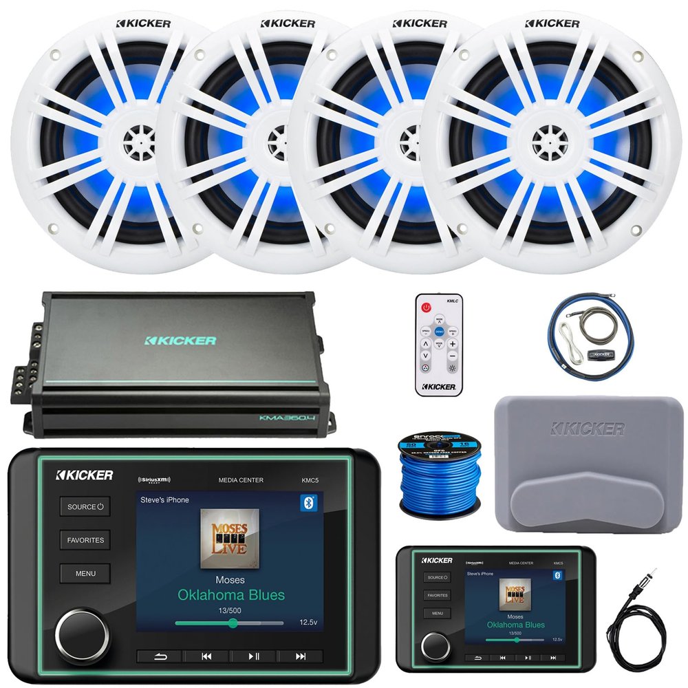 Kicker KMC5 3.5" LCD Display Marine Bluetooth USB/AUX WB AM/FM Gauge Style Receiver W/Digital Controller, 4X 6.5 150W Max RGB LED Speakers W/LED Controller, 4-Channel Amplifier W/Kit, Antenna, Wire