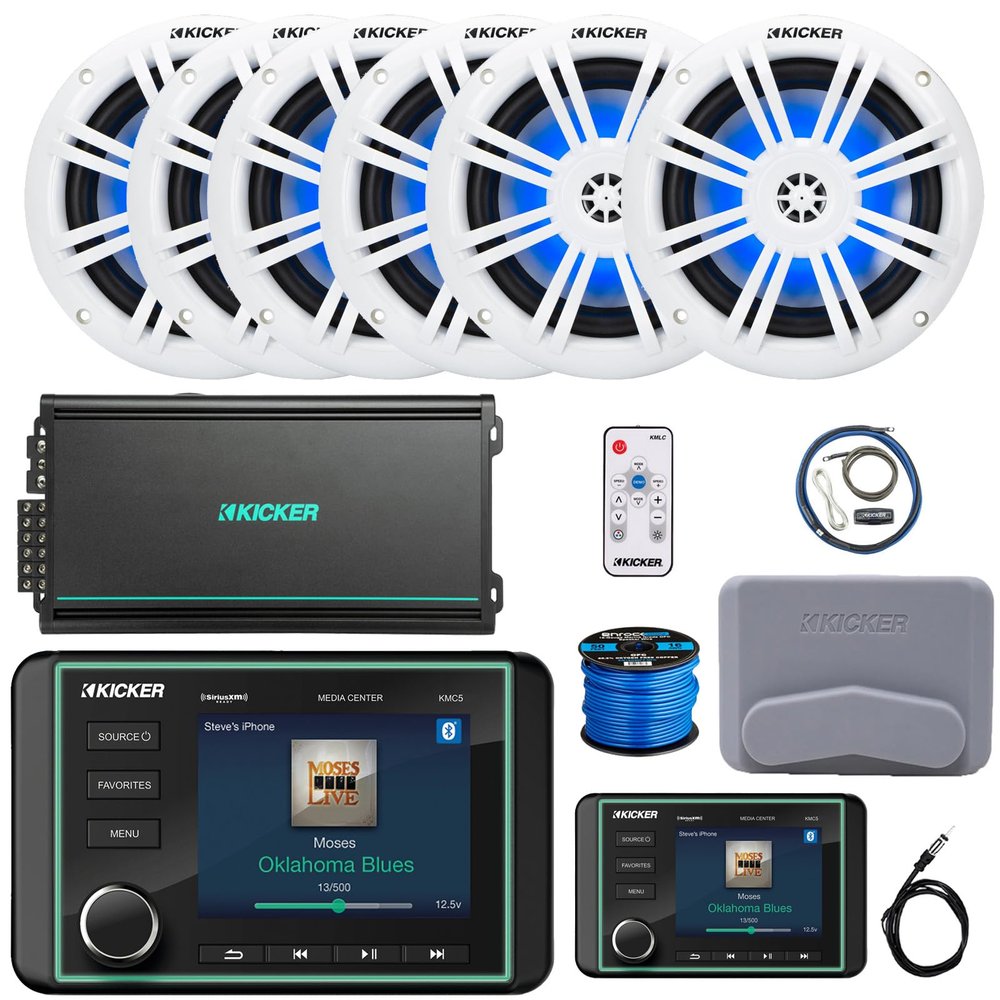 Kicker KMC5 3.5" LCD Display Marine Bluetooth USB/AUX WB AM/FM Gauge Style Receiver W/Digital Controller, 6X 6.5 150W Max RGB LED Speakers W/LED Controller, 6-Channel Amplifier W/Kit, Antenna, Wire