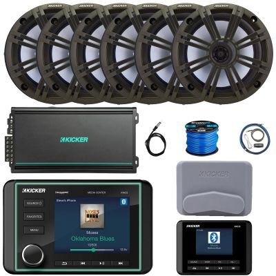 Kicker KMC5 3.5" LCD Display Marine Bluetooth USB/AUX WB AM/FM Gauge Style Receiver W/Digital Controller, 6X 6.5 195W Max 4 Ohm Speakers W/Charcoal Grilles, 6-Channel Amplifier W/Kit, Antenna, Wire