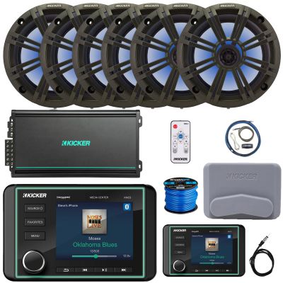 Kicker KMC5 3.5" Marine Bluetooth USB/AUX AM/FM Radio Gauge Style Receiver W/Controller, 6X 6.5 195W Max RGB LED Speakers W/Charcoal Grille + LED Controller, 6-Channel Amplifier W/Kit, Antenna, Wire