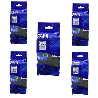 5PK 6/9/12/18/24mm Black on White Laminated Label Tape Replacement for B-Other TZE-231 TZe-251 Tze-241 for Maker(12mm)