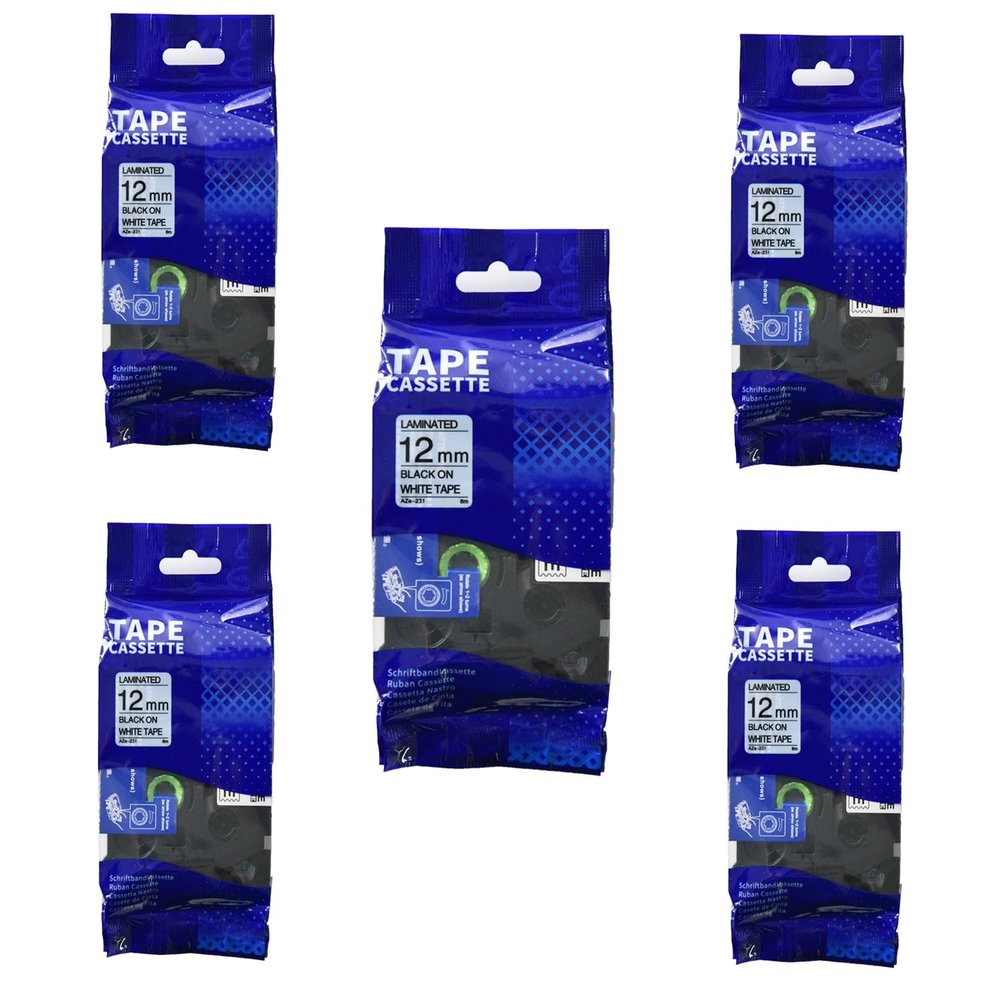 5PK 6/9/12/18/24mm Black on White Laminated Label Tape Replacement for B-Other TZE-231 TZe-251 Tze-241 for Maker(12mm)