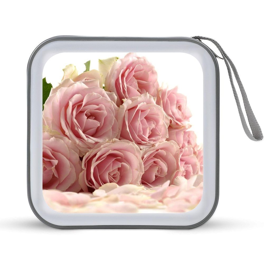 FekiLoot Pink Roses CD Case 40 Capacity DVD Case Holder Portable Zipper CD Cases Holder Large Storage Disc Wallet Bag Hard Plastic DVD Cases for Car Home Travel