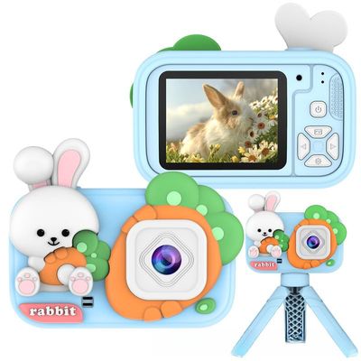 Kids Camera ToyStereoscopic Silicone Cartoon High-Definition Dual Camera with Bracket -2.4-Inch Screen 4800w Multifunctional Digital Camera - Supports Cardless Shooting (Blue Rabbit)